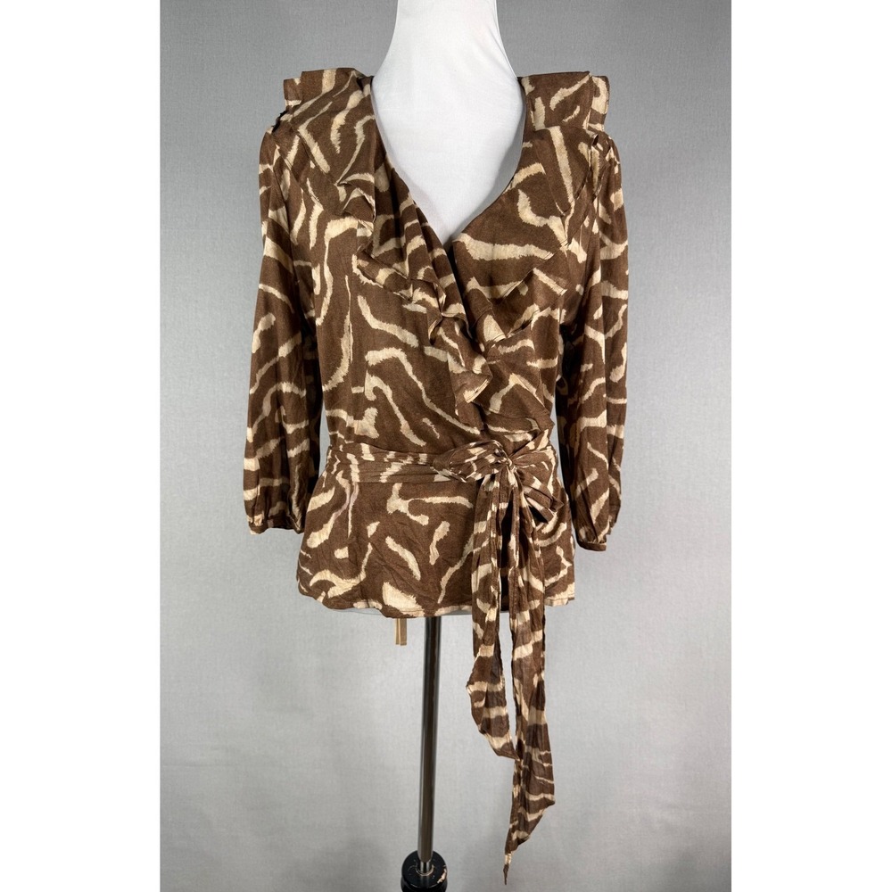 Lauren Jeans Co. Ralph Lauren Wrap Blouse Womens L Brown Animal Print Ruffle
